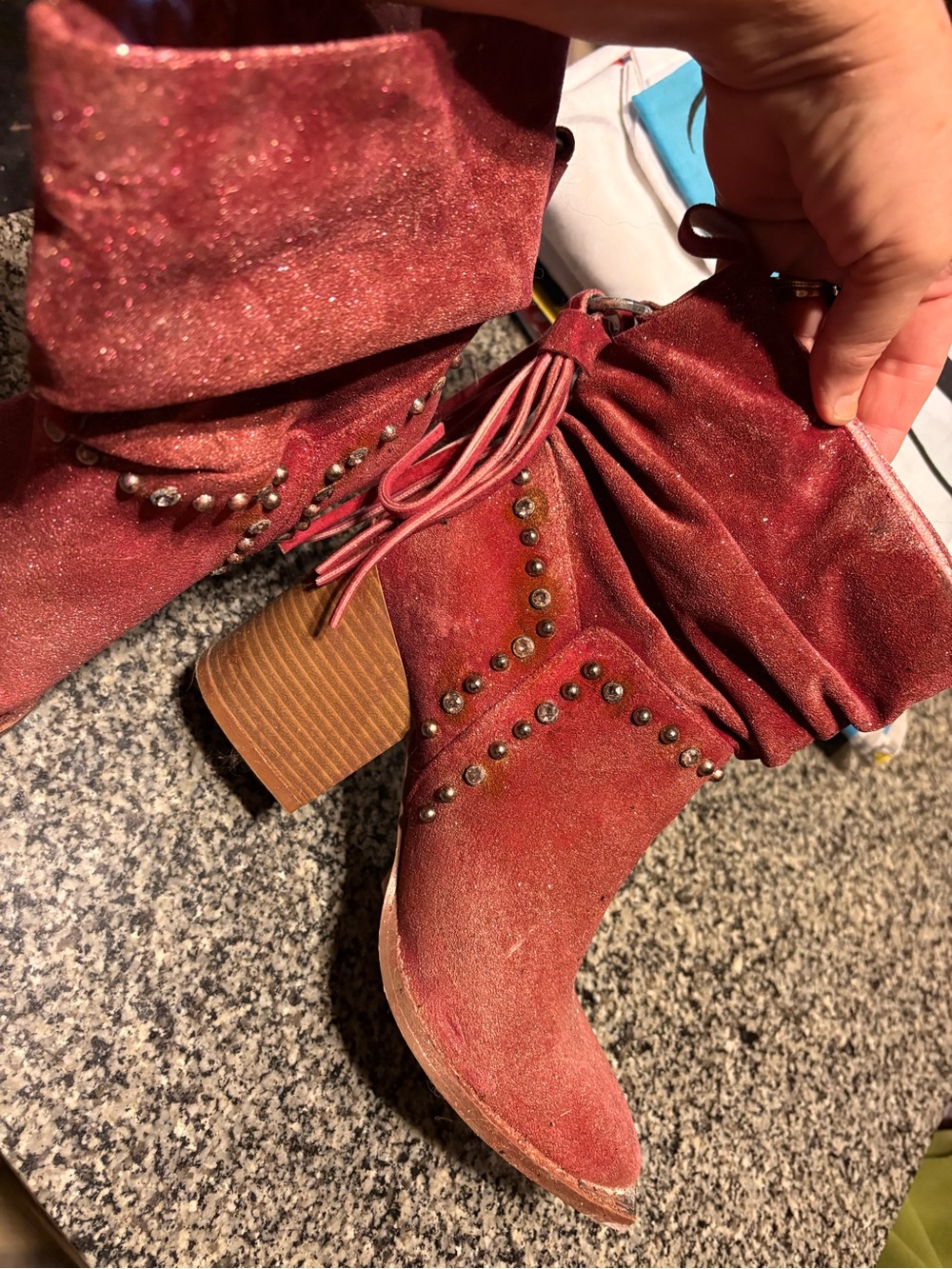 SHEIN Red Studded Suede Slouchy Ankle Boots with Tassel